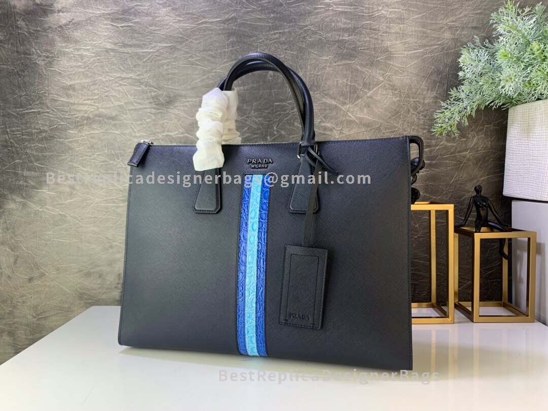 Prada Blue Saffiano Leather Bandoleer Bag With Crocodile Effect SHW 039